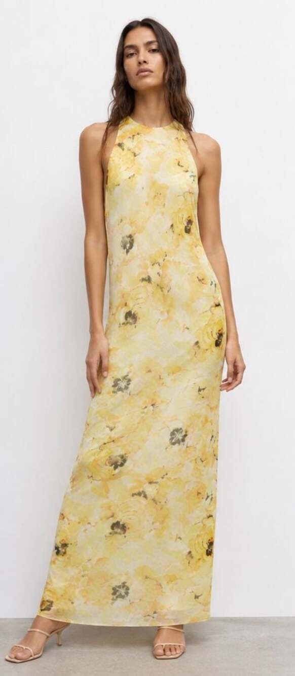 Zara Yellow Floral Mesh Maxi Dress With Open Twist Back - Picture 1 of 6